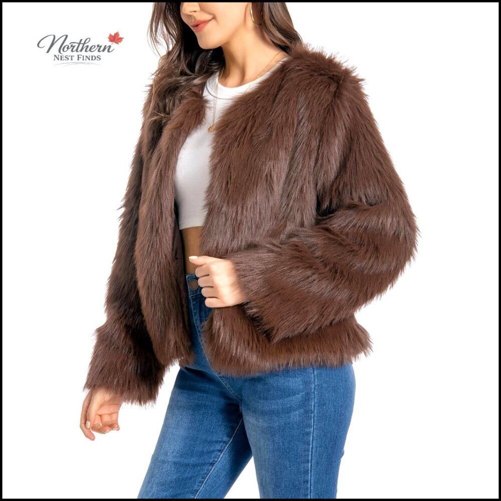 Plus Size Faux Fur Winter Coat with Pockets, Fluffy Long Sleeve Jacket